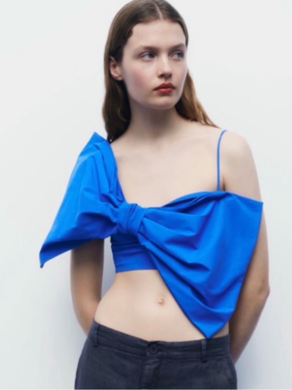 ZARA Bow Asymmetrical Crop Top | Cobalt Blue Statement Party Top | Size M